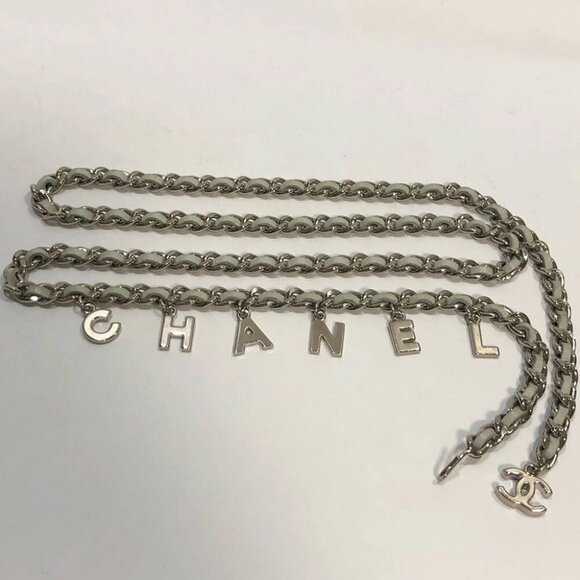 CHANEL Logo Leather Chain Belt 37" Silver Tone 09C Auth #2901 - Picture 1 of 8